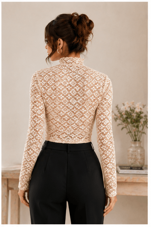 Beige Lace Padded Ruched Crop Top for Women - Image 4