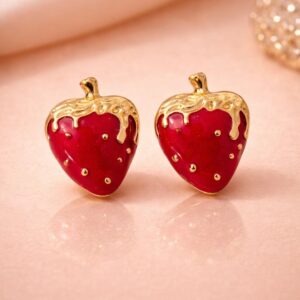 Alternative view of Anti Tarnish Strawberry Stud Earrings for Women | Red Enamel Gold Plated Cute Designer Earrings | Korean Style Trendy Jewellery