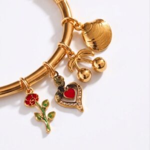Anti Tarnish Gold Plated Charm Bracelet for Women | Heart, Rose & Shell Charms Adjustable Bangle