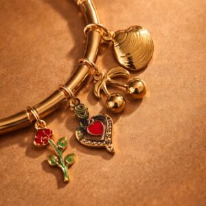 Alternative view of Anti Tarnish Gold Plated Charm Bracelet for Women | Heart, Rose & Shell Charms Adjustable Bangle