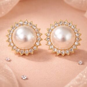 Alternative view of Gold Plated Pearl Stud Earrings for Women | AD Stone Halo Round Earrings