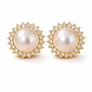Gold Plated Pearl Stud Earrings for Women | AD Stone Halo Round Earrings