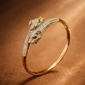 Alternative view of Luxury Leopard Head Jewelry Combo Set for Women | AD Diamond Studded Gold Plated Bracelet & Ring | Anti-Tarnish Designer Bangle + Adjustable Ring | Statement Party Wear