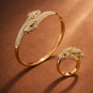 Luxury Leopard Head Jewelry Combo Set for Women | AD Diamond Studded Gold Plated Bracelet & Ring | Anti-Tarnish Designer Bangle + Adjustable Ring | Statement Party Wear