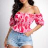 Women’s Off-Shoulder Floral Smocked Top – Pink & Red Puff Sleeve Summer Blouse