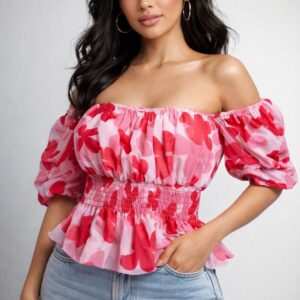 Alternative view of Women’s Off-Shoulder Floral Smocked Top – Pink & Red Puff Sleeve Summer Blouse