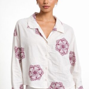 Women’s Relaxed Fit Printed Cotton Blend Shirt – White Floral Casual Top