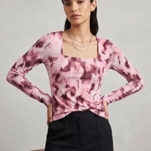 Women’s Tie-Dye Mesh Top – Slim Fit Square Neck Long Sleeve Top (Peach, Pink & Wine)