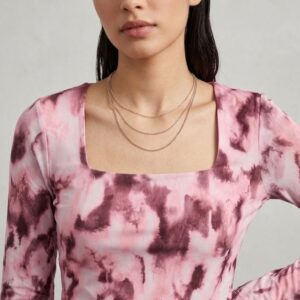 Alternative view of Women’s Tie-Dye Mesh Top – Slim Fit Square Neck Long Sleeve Top (Peach, Pink & Wine)