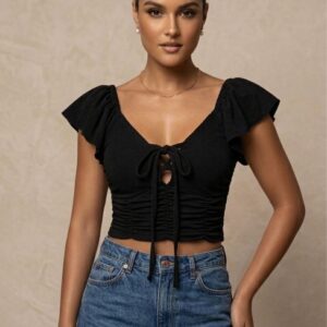 Black Ruched Mesh Tie-Front Top