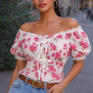 White & Pink Floral Cotton Off-Shoulder Tie-Up Top for Women