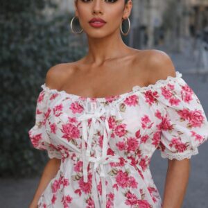 Alternative view of White & Pink Floral Cotton Off-Shoulder Tie-Up Top for Women