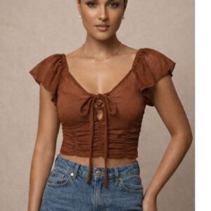 Alternative view of Women’s Ruched Crop Top | Lace-Up Front Tie Top | Flutter Sleeve Fitted Blouse | Stretchy Casual Party Wear Top for Women