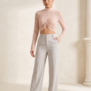 Women’s Ruched  Net Top | High Neck Full Sleeve Sheer Lace Top | Slim Fit Party & Casual Wear (Peach/Pink Tone)