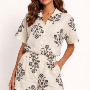 Women’s Printed Co-Ord Set | Floral Shirt & Shorts Set | Cotton Summer Outfit | Casual & Vacation Wear (White & Grey Print)