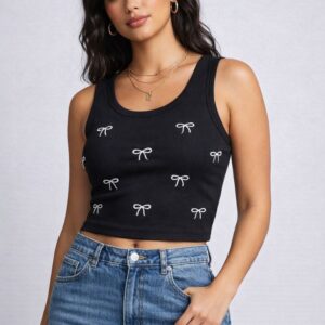 Women’s Ribbed Crop Tank Top | Black Sleeveless Bow Print Top | Stretch Fit Casual Summer Crop Top for Women