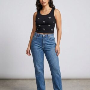 Alternative view of Women’s Ribbed Crop Tank Top | Black Sleeveless Bow Print Top | Stretch Fit Casual Summer Crop Top for Women