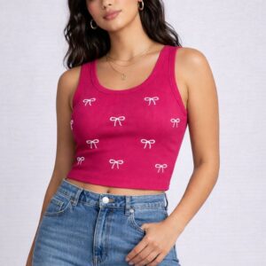 Women’s Ribbed Cotton Tank Top | Sleeveless Crop Top with Bow Print | Stretchy Fitted Casual Summer Top for Women