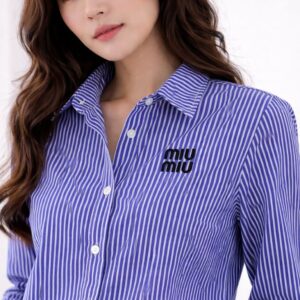 Alternative view of Women’s Blue & White Striped Crop Shirt | Poly Cotton Casual Waist-Length Shirt | Button-Down Collar Top