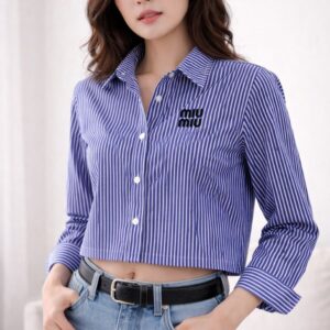 Women’s Blue & White Striped Crop Shirt | Poly Cotton Casual Waist-Length Shirt | Button-Down Collar Top