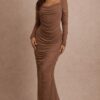 Women’s Bodycon Mesh Maxi Dress | Ruched Long Sleeve Elegant Evening Dress | Stretch Fit Party & Occasion Wear