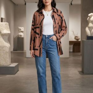 Alternative view of Women’s Printed Poly Cotton Shirt | Oversized Casual Button-Down Shirt | Long Sleeve Collared Graphic Print Top