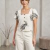 Women’s Off White & Black Floral Printed Poly Cotton Top | Square Neck Button-Down Casual Top | Short Sleeve Stylish Summer Wear