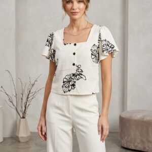 Women’s Off White & Black Floral Printed Poly Cotton Top | Square Neck Button-Down Casual Top | Short Sleeve Stylish Summer Wear
