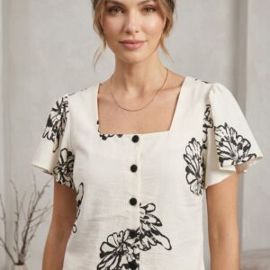 Alternative view of Women’s Off White & Black Floral Printed Poly Cotton Top | Square Neck Button-Down Casual Top | Short Sleeve Stylish Summer Wear