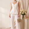 Elegant Off White Cotton Blend Co-Ord Set for Women | Sleeveless Buttoned Top & Straight Pants | Stretchable Formal Chic Outfit