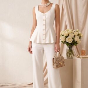 Elegant Off White Cotton Blend Co-Ord Set for Women | Sleeveless Buttoned Top & Straight Pants | Stretchable Formal Chic Outfit
