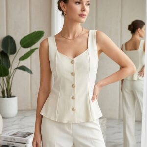 Alternative view of Elegant Off White Cotton Blend Co-Ord Set for Women | Sleeveless Buttoned Top & Straight Pants | Stretchable Formal Chic Outfit