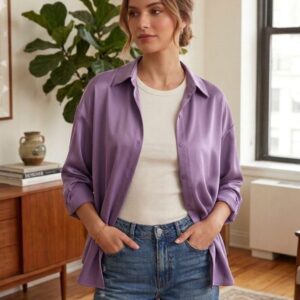 Alternative view of Women’s Poly Satin Button-Down Shirt | Soft Silky Finish Casual & Formal Wear | Relaxed Fit Long Sleeve Blouse Top (Lavender Purple)