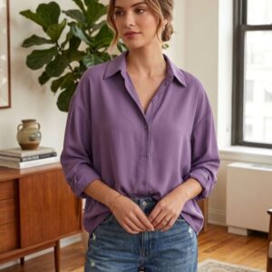 Women’s Poly Satin Button-Down Shirt | Soft Silky Finish Casual & Formal Wear | Relaxed Fit Long Sleeve Blouse Top (Lavender Purple)