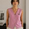 Women’s Sleeveless V-Neck Button-Down pink  Vest Top | Cotton Blend Summer Waistcoat