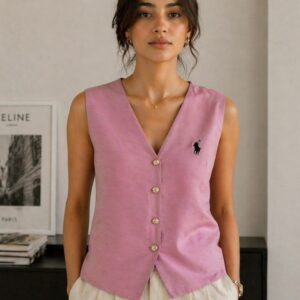 Women’s Sleeveless V-Neck Button-Down pink  Vest Top | Cotton Blend Summer Waistcoat