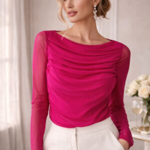 Women’s Mesh Net Full Sleeve Ruched Crop Top – Sheer Stretch Slim Fit Party Wear Top for Women (Hot Pink)