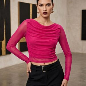 Alternative view of Women’s Mesh Net Full Sleeve Ruched Crop Top – Sheer Stretch Slim Fit Party Wear Top for Women (Hot Pink)
