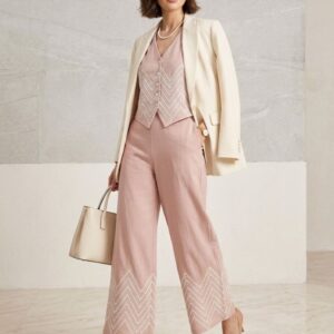 Women’s Cotton Blend Co-Ord Set | Elegant Embroidered Vest & Wide-Leg Pants Set