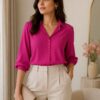 Women’s Solid Fuchsia Pink Shirt | Elegant Button-Down Blouse | Soft Fabric Office Wear Top | 3/4 Sleeve Formal Casual Shirt for Women