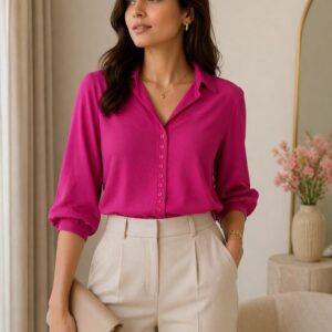 Women’s Solid Fuchsia Pink Shirt | Elegant Button-Down Blouse | Soft Fabric Office Wear Top | 3/4 Sleeve Formal Casual Shirt for Women