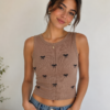 Women’s Nude Brown Ribbed Sleeveless Crop Tank Top with Bow Embroidery | Slim Fit Casual Top for Women