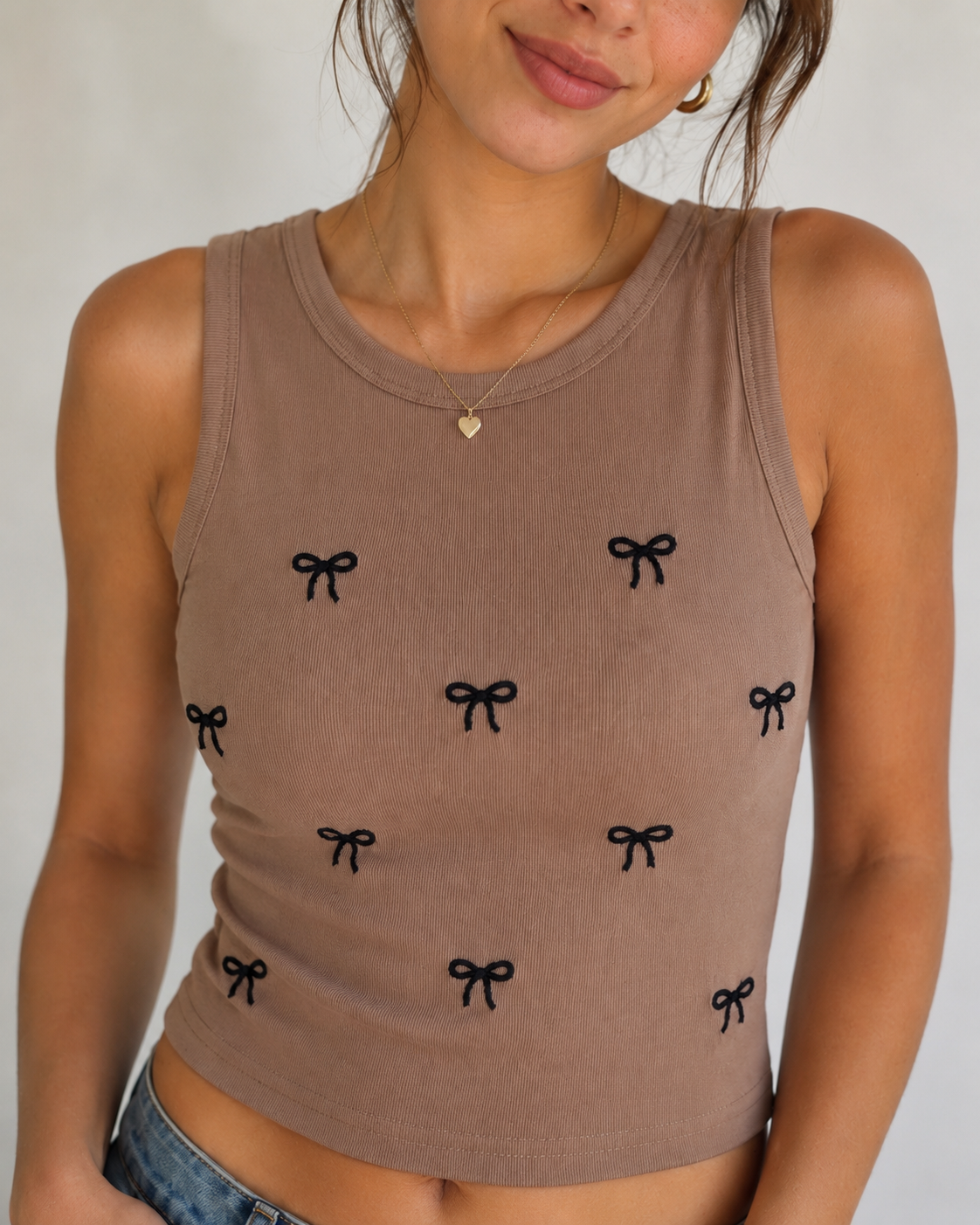 Women’s Nude Brown Ribbed Sleeveless Crop Tank Top with Bow Embroidery | Slim Fit Casual Top for Women - Image 2
