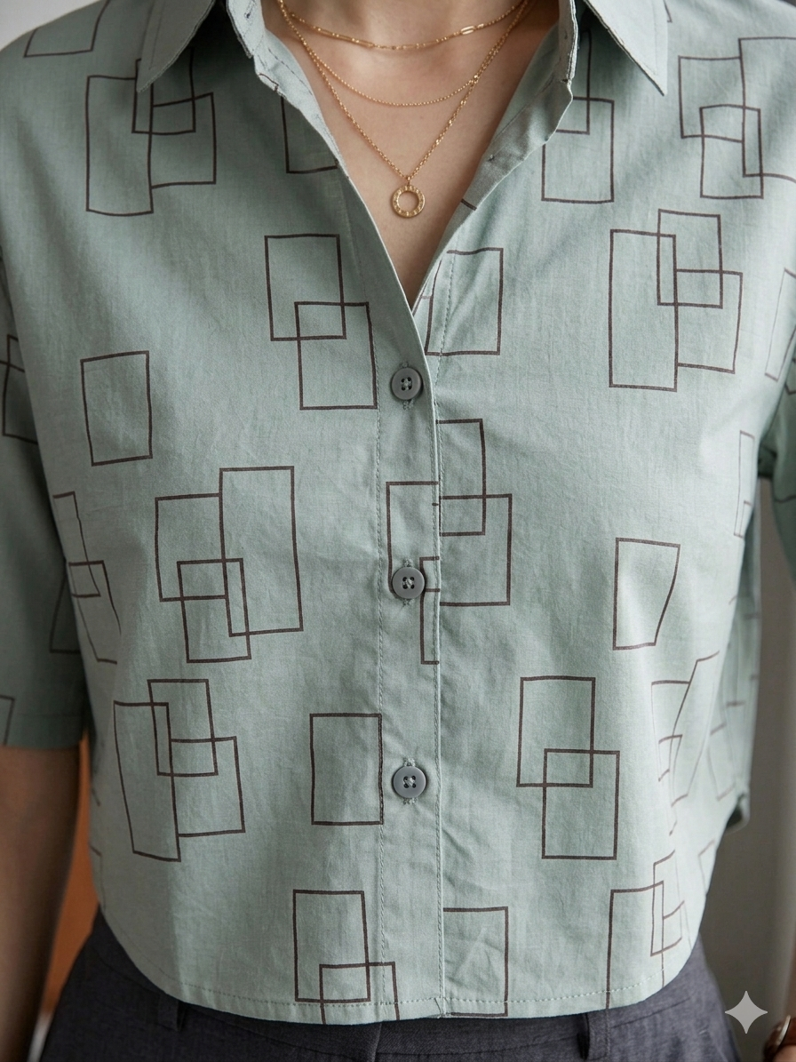 Women’s Green Printed Crop Shirt | Half Sleeve Button-Down Casual Top | Lightweight Geometric Print Shirt - Image 4