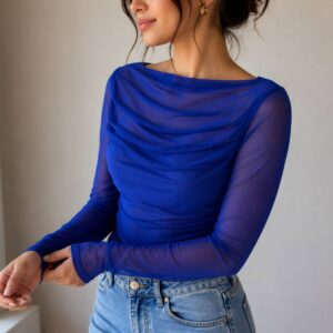Alternative view of Women’s Royal Blue Mesh Ruched Top | Full Sleeve Sheer Party Top for Women | Trendy Slim Fit Western Wear Top