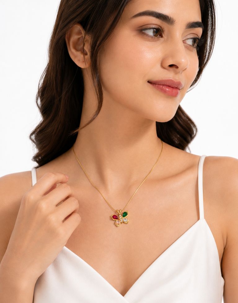 Gold Plated Butterfly Pendant Necklace for Women | Multicolor Crystal Floral Design | Anti-Tarnish Brass Chain - Image 4