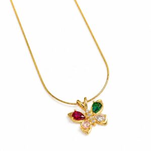 Gold Plated Butterfly Pendant Necklace for Women | Multicolor Crystal Floral Design | Anti-Tarnish Brass Chain