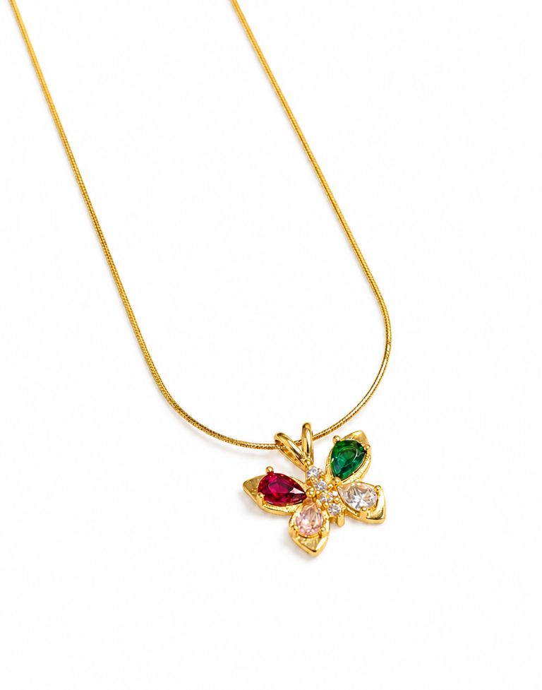 Gold Plated Butterfly Pendant Necklace for Women | Multicolor Crystal Floral Design | Anti-Tarnish Brass Chain