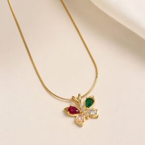 Alternative view of Gold Plated Butterfly Pendant Necklace for Women | Multicolor Crystal Floral Design | Anti-Tarnish Brass Chain