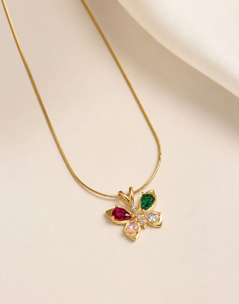 Gold Plated Butterfly Pendant Necklace for Women | Multicolor Crystal Floral Design | Anti-Tarnish Brass Chain - Image 2